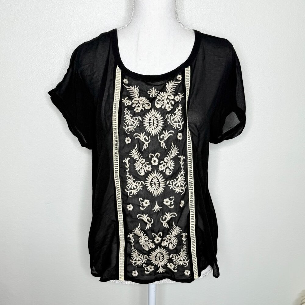 Skies Are Blue Top Boho Embroidered Semi Sheer Office Siren Sz S